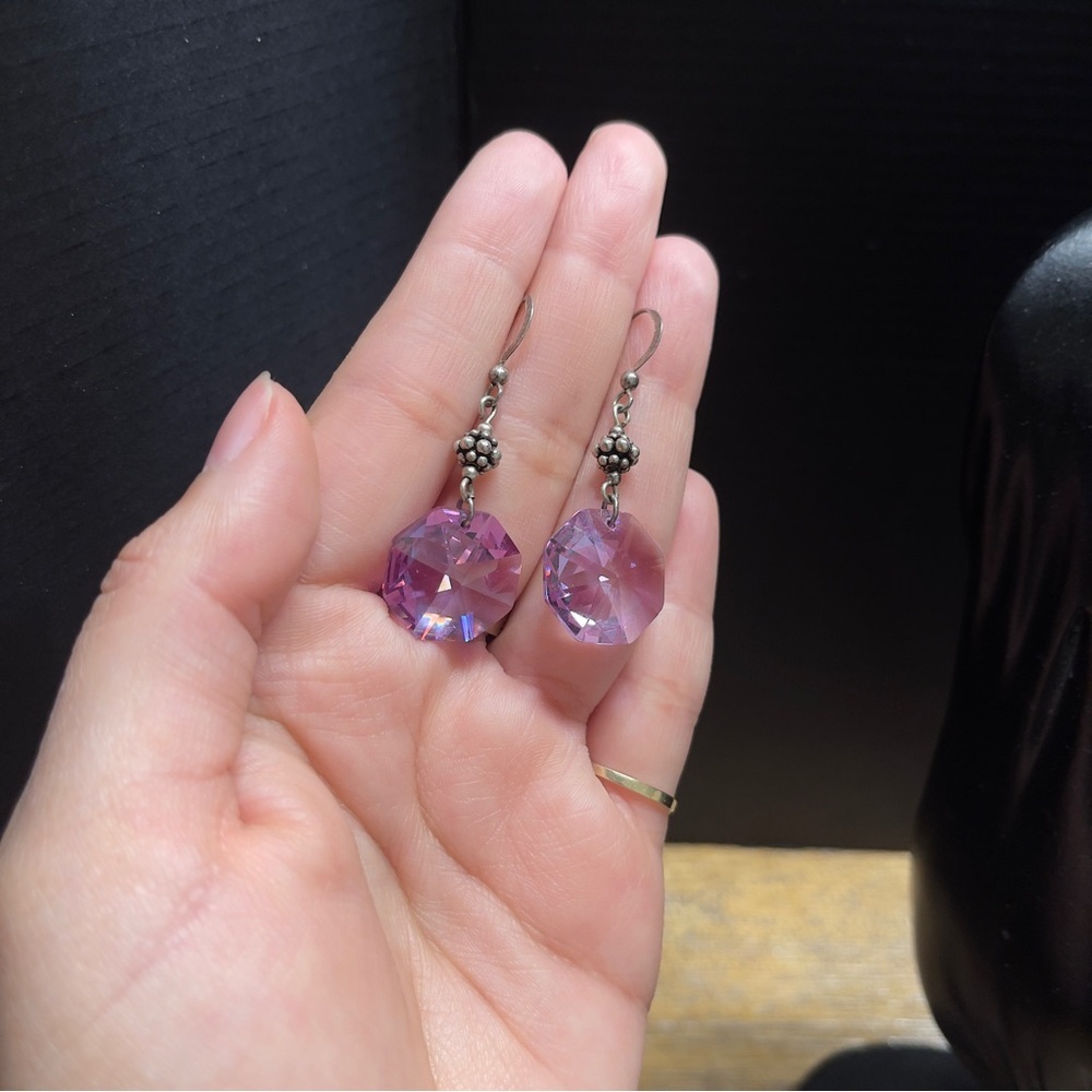Sterling Silver Purple Statement Circle Cut Gem Hook Earrings - Picture 10 of 10